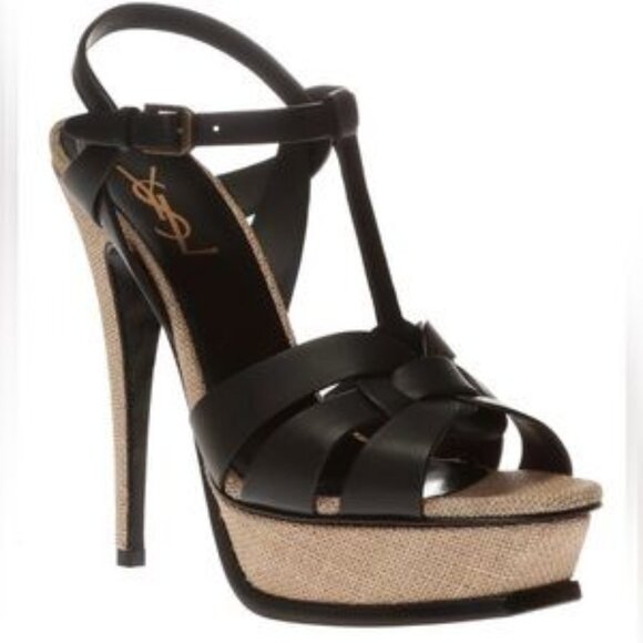 YSL SAINT LAURENT TRIBUTE LINEN AND BLACK LEATHER SANDAL HEEL SIZE 37 - Picture 1 of 6